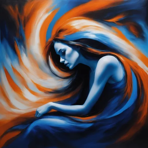 Prompt: Woman with blue/orange colorscape, abstract art, vibrant brush strokes, high contrast, oil painting, flowing hair, intense gaze, surreal atmosphere, best quality, vibrant, abstract, oil painting, high contrast, intense gaze, surreal, flowing hair, professional, atmospheric lighting