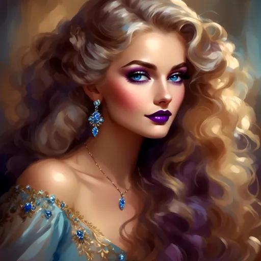 Prompt: Beautiful ethereal woman, long blonde hair,and icy blue eyes color, purple lipstick, facial closeup<mymodel>