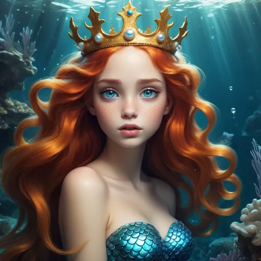 Prompt: A mermaid, her hair is golden red, with a golden crown on her head, and her tail is golden and blue. She is very dreamy. Under the water, she drops a drop of pearl tears. Her light blue eyes are very deep and very long. pretty, show her full body