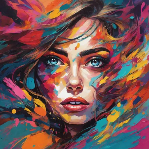 Prompt: Detailed illustration of a wild-eyed woman, chaotic brush strokes, vibrant color palette, high energy, surreal, abstract portrait, expressive eyes, mixed media, intense emotion, dynamic composition, best quality, highres, colorful, abstract, vibrant, surreal, chaotic, expressive eyes, intense emotion, dynamic composition
