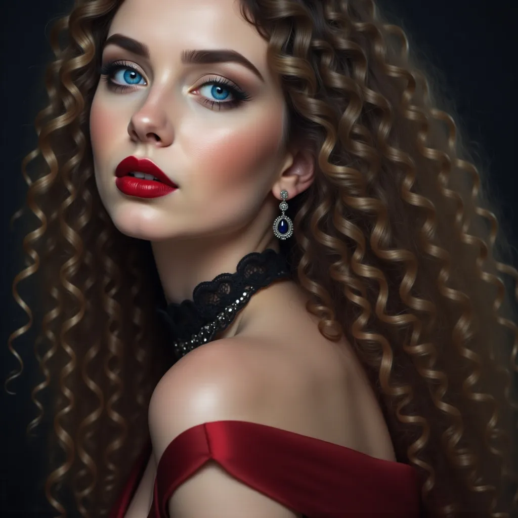 Prompt: a woman with long hair wearing a necklace and earrings with a red lipstick on her lips and a black dress, Carla Wyzgala, gothic art, highly detailed digital painting, a photorealistic painting