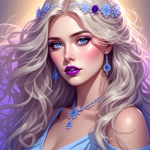 Prompt: <mymodel>Beautiful ethereal woman, long blonde hair,and icy blue eyes color, purple lipstick, facial closeup