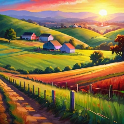 Prompt: Beautiful colorful  painting. Beautiful sunrise in a rural area, with American flags, and rolling hills.