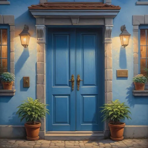 Prompt: a blue door with two potted plants on the side of it and a light on the side of the door, Evgeny Lushpin, photorealism, kinkade, a painting