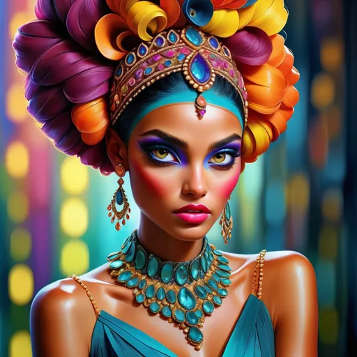 Prompt: digital painting, dramatic colourful makeup, high fashion, intense gaze, realistic portrayal, vibrant colors, detailed features, highres, professional, dramatic, realistic, digital painting, intense gaze, vibrant colors, detailed features, high fashion, glamorous lighting