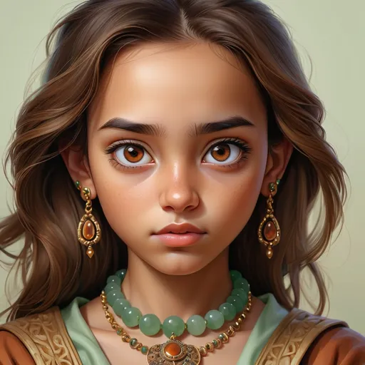 Prompt: Detailed realistic digital portrait of a young girl, brown eyes, jade jewelry