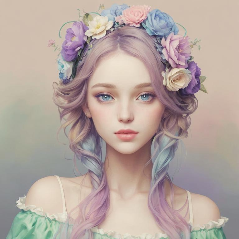 Prompt: Beautiful creation, woman with flowers in her hair, pastel colors