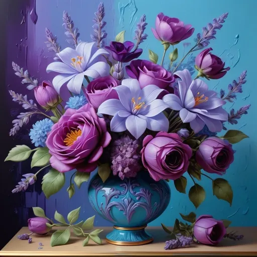 Prompt: <mymodel> purple  and light blue and lavender beauty, vivid colors, high contrast, detailed floral arrangement, oil painting, vibrant, realistic, 4k, ultra-detailed, surreal, dynamic lighting, luxurious, botanical, rich textures, modern, decorative, elegant composition