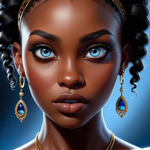 Prompt: Portrait of a black woman with very dark complexion and piercing blue eyes, pretty makeup, realistic painting, detailed features, high quality, realistic, dark skin, striking blue eyes, intense gaze, realistic painting, detailed facial features, professional, realistic lighting, dramatic contrast