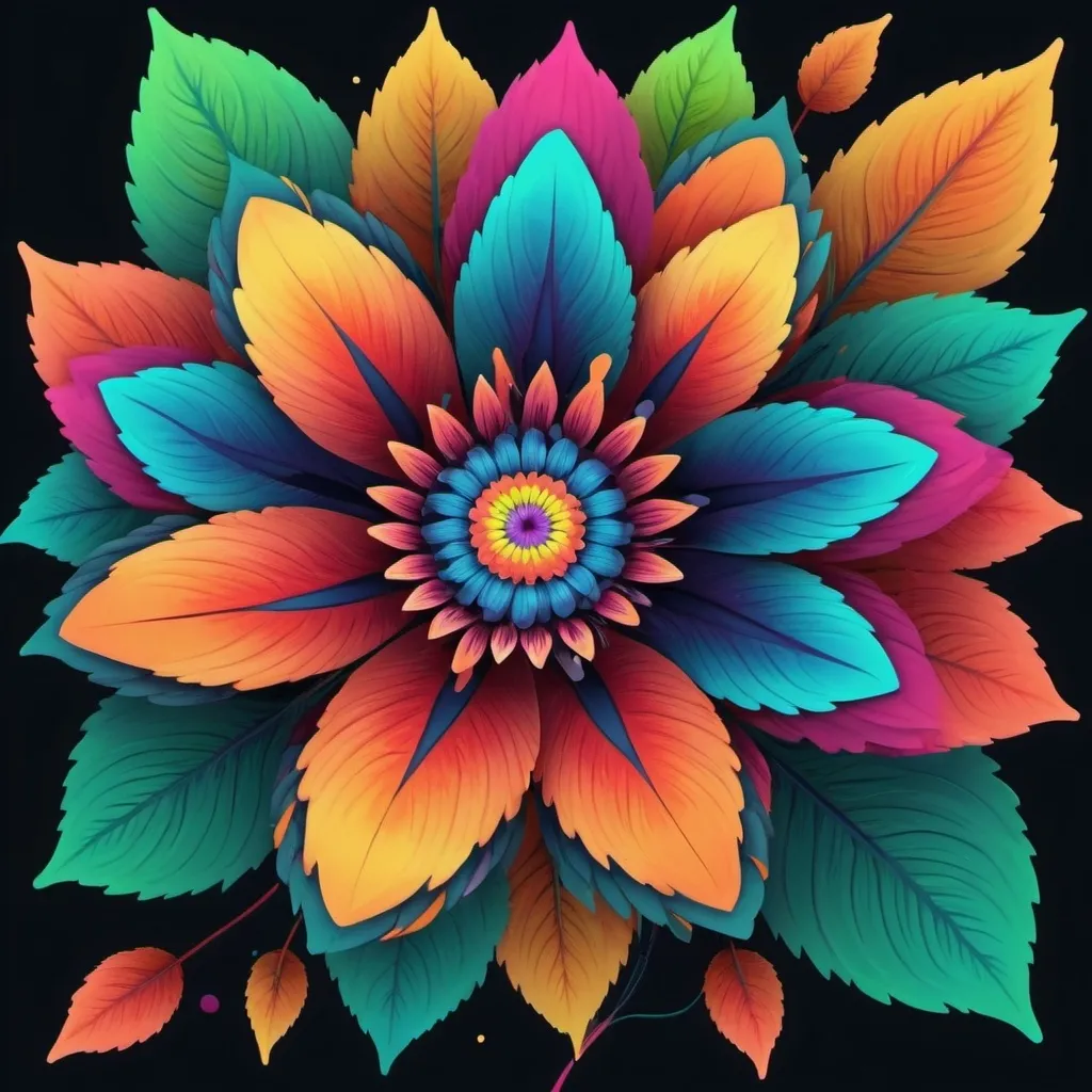 Prompt: a colorful flower with many different colors on it's petals and leaves, as well as a background, Android Jones, generative art, colorful flat surreal design, computer graphics