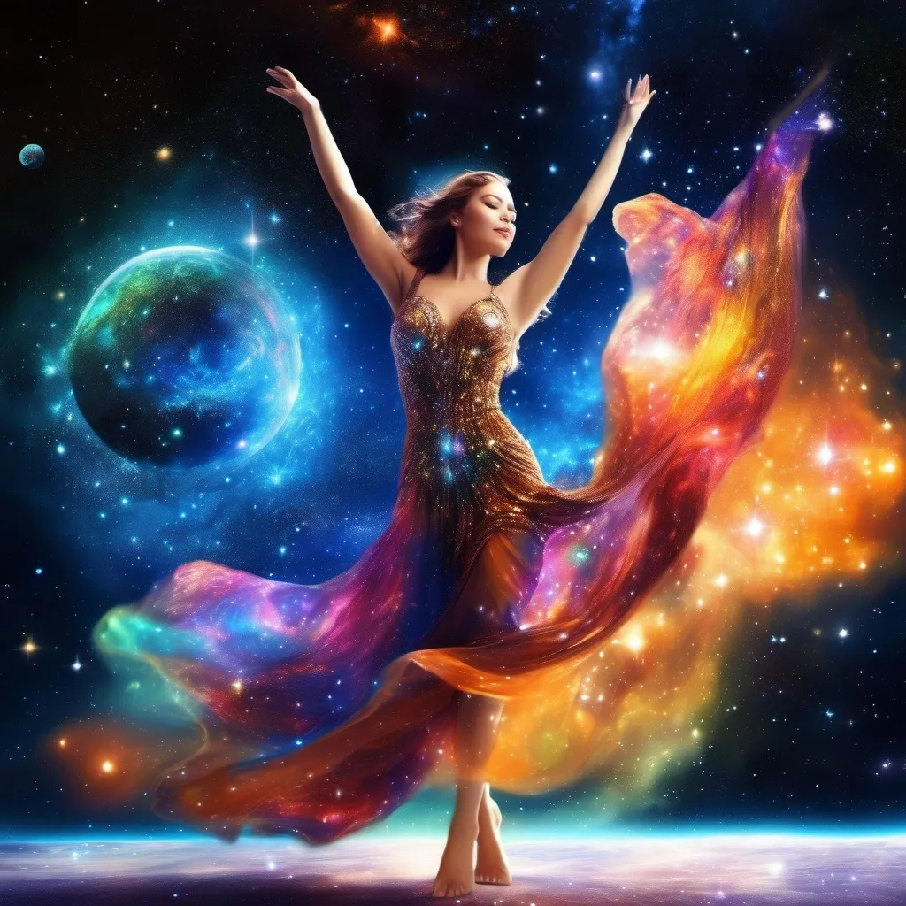 Prompt: colorful, sparkly, exquisite, glowing Goddess in a flowing, filmy dress, incredible all body form of a incredible bodied, incredibly beautiful faced woman with a buxom perfect body falling backwards through space, nebulas, stars, planets, the milky way and galaxies