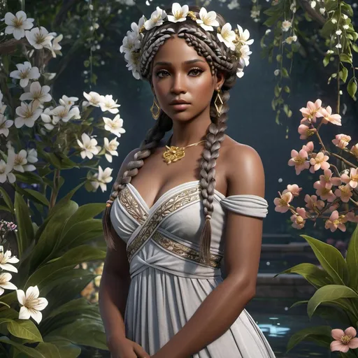 Prompt: <mymodel> HD 4k 3D, hyper realistic, professional modeling, ethereal Greek goddess of blooming flowers, brown and gray hair braided pigtails, dark skin, floral gown, gorgeous face, floral jewelry and floral headband, full body, ambient glow, garden in Spring, beautiful bright blooming flowers, swamps and vegetation, detailed, elegant, ethereal, mythical, Greek, goddess, surreal lighting, majestic, goddesslike aura