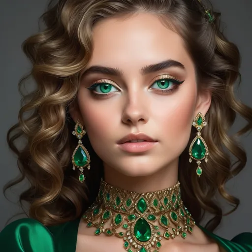 Prompt: A striking young woman with voluminous, wavy hair frames her face as she gazes intently, her vibrant green eyes sparkling with intensity. She wears elaborate jewelry, including eye-catching earrings and a lavish choker adorned with intricate patterns and prominent emeralds, adding a touch of opulence to her appearance. Dressed in a rich green gown that flows elegantly over her shoulders, her expression is both confident and enigmatic, hinting at an intriguing story beneath the surface. The background is neutral, allowing her striking features and ornate accessories to take center stage, creating an engaging and captivating atmosphere that pulls the viewer into her world. The overall composition blends elegance and allure, drawing attention to the delicate details of her attire and the expressive quality of her gaze.