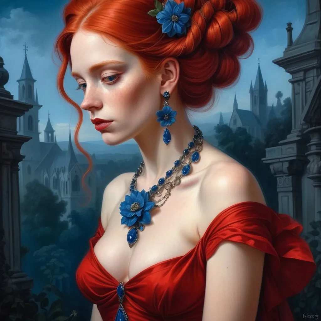 Prompt: a painting of a woman with long red hair wearing a red dress and a flower in her hair, with a blue necklace and earrings, Edwin Georgi, gothic art, highly detailed digital painting, a detailed painting