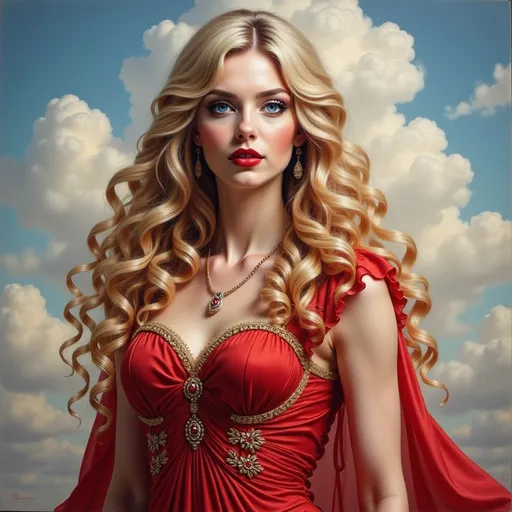 Prompt: a painting of a woman with long blonde hair and a red dress on a cloudy day with a sky background, Anne Stokes, fantasy art, highly detailed digital painting, a character portrait