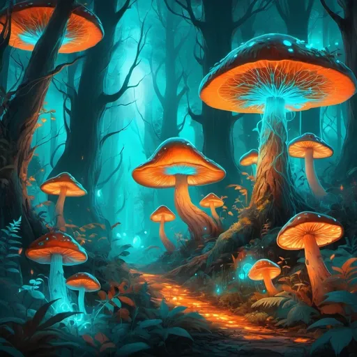 Prompt: Vibrant digital painting of a mystical forest, vivid orange and turquoise hues, magical creatures hiding in the foliage, glowing mushrooms, ethereal atmosphere, high quality, digital art, fantastical, vibrant color tones, mystical lighting