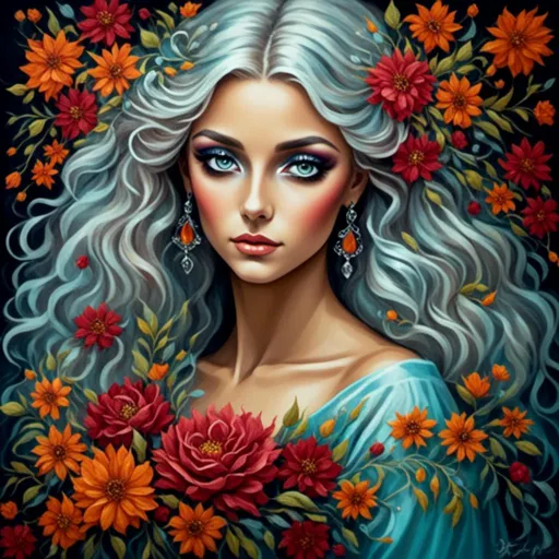 Prompt: <mymodel>Nataasha-Beautiful woman with flowers, oil painting, detailed fiery eyes, ethereal glow, dark and mysterious, high quality, vibrant colors, surreal, haunting, intricate floral details, intense gaze, mystical atmosphere, oil painting, demon, hybrid, fiery eyes, ethereal, vibrant colors, surreal, haunting, floral details, intense gaze, mystical atmosphere