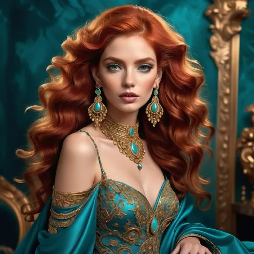 Prompt: An enchanting figure emerges amid a lavish backdrop, her striking red hair cascading in voluminous waves that frame her delicate features. Adorned in an opulent turquoise gown embellished with intricate golden patterns and jewels, she exudes an air of elegance and sophistication, accentuated by the sparkling earrings and choker around her neck. The rich, deep hues of the background drape complement her attire, creating a sense of luxury in a tastefully decorated indoor setting. Soft lighting highlights her flawless complexion, and her gaze is both inviting and mysterious, capturing a moment that feels timeless and regal, enveloped in an atmosphere of glamour and grace.