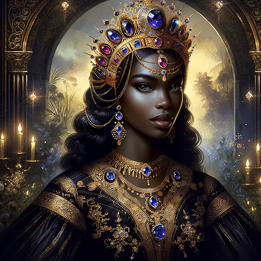 Prompt: An empress black hair wearing a black dress with gold trim and an ornate gold headpiece with sapphires and rubies. Edwin Georgi, fantasy art, highly detailed digital painting, a detailed painting