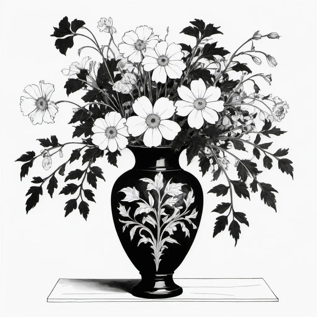 Prompt: a black and white drawing of a vase with flowers in it and leaves in it, on a white background, Aubrey Beardsley, modern european ink painting, ink drawing, an ink drawing