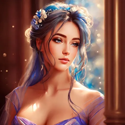 Prompt: Realistic portrayal of blue beauty, photorealistic, serene water reflection, detailed facial features, flowing blue gown, high resolution, vivid realism, professional, peaceful ambiance, calming lighting, elegant hair, graceful pose, tranquil atmosphere, photorealism, detailed eyes, flowing fabric, serene, calming tones, natural lighting