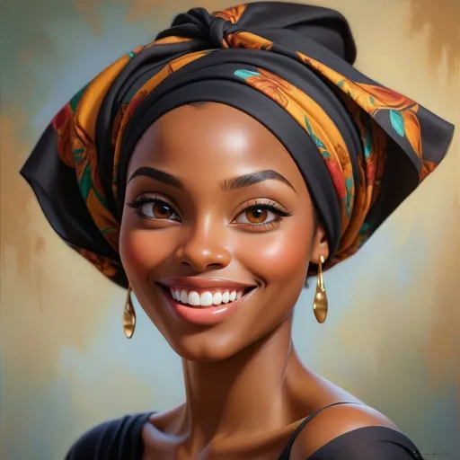 Prompt: Beautiful black woman portrait, realistic oil painting, radiant smile, striking eyes, elegant headscarf, vibrant and warm tones, soft and natural lighting, high quality, realistic, oil painting, detailed features, elegant, warm tones, soft lighting