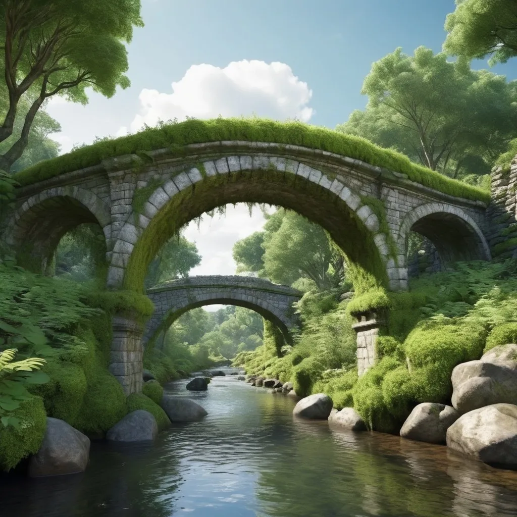 Prompt: Detailed 3D rendering of a majestic ancient stone bridge, moss-covered arches, lush greenery, serene river flowing underneath