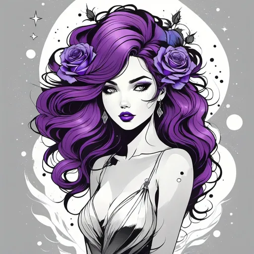 Prompt: Cosmic Epic Beauty, Beautiful and Gorgeous, purple roses in hair