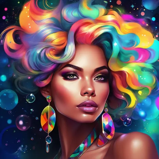 Prompt: a woman with colorful hair and earrings on her face and a colorful background with bubbles and stars around her, Artgerm, funk art, highly detailed digital painting, a digital painting