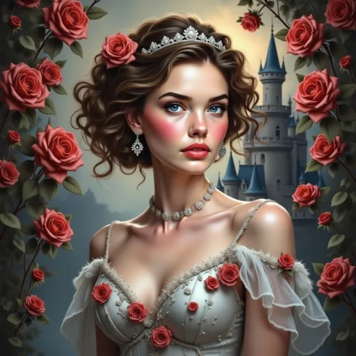 Prompt: With an air of elegance and mystery, a stunning woman adorned in a black and white gown stands poised, her back to the viewer, framed by lush red roses. Her long, luxuriant curls cascade down her back, embellished with striking red roses that complement her dramatic makeup—bold red lips and piercing blue eyes enhanced with vivid eyeshadow. The opulent gown features intricate floral designs that catch the eye, while her sparkling tiara adds a royal touch, reminiscent of a fairy tale. Behind her, a majestic castle looms under a soft, overcast sky, enveloped in a slightly ethereal mist that adds depth to the scene. The entire composition exudes a romantic yet haunting atmosphere, inviting a narrative of enchantment and intrigue.