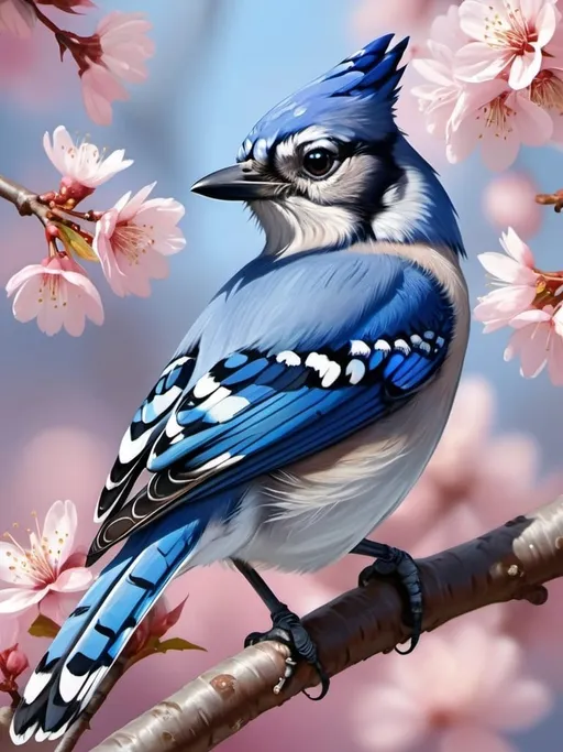 Prompt: Bluejay perched on a  cherry blossom branch, realistic digital painting, detailed feathers and vibrant colors, high resolution, realistic style, natural lighting, vibrant colors, detailed feathers, realistic, high quality