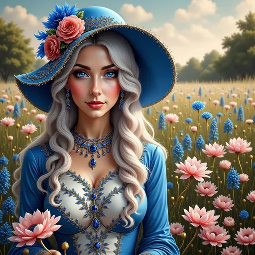 Prompt: a woman with a blue hat and blue dress in a field of flowers and grass with blue eyes and long silver hair, Artgerm, fantasy art, highly detailed digital painting, a detailed painting