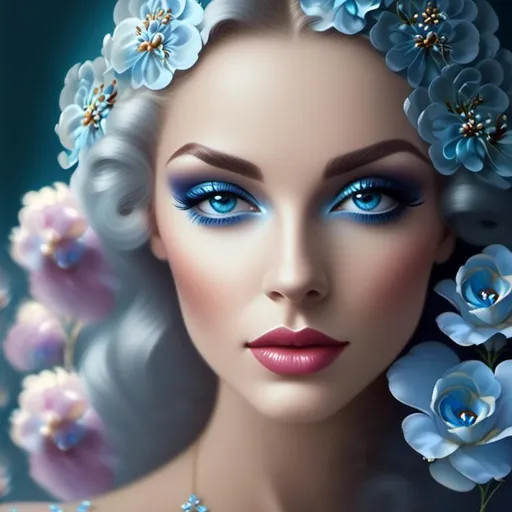 Prompt: <mymodel>beautiful woman, ethereal,dreamscape,, pale blue colors, flowers, closeup