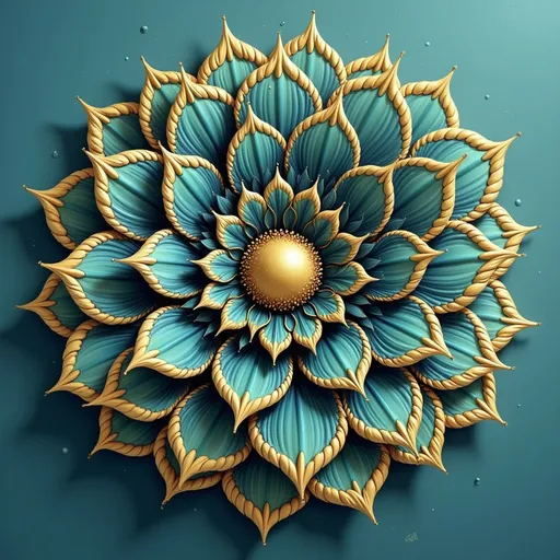 Prompt: a blue flower with a yellow center on a blue background with a gold center on the center of the flower, Elizabeth Murray, cloisonnism, highly detailed digital painting, a 3D render