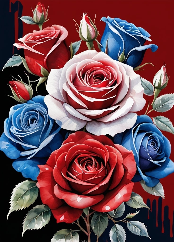 Prompt: <mymodel> watercolor,red, white and blue rose bush