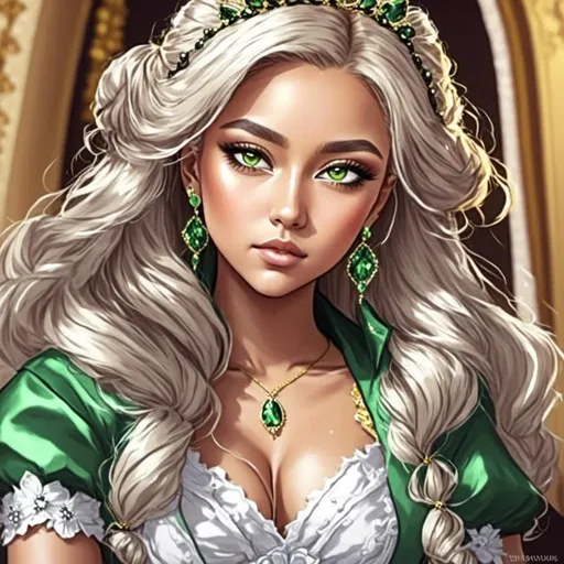 Prompt: <mymodel>Detailed illustration of a woman in vibrant green attire, large vivid green eyes, elegant makeup, digital painting, high resolution, realistic style, vibrant green, professional lighting