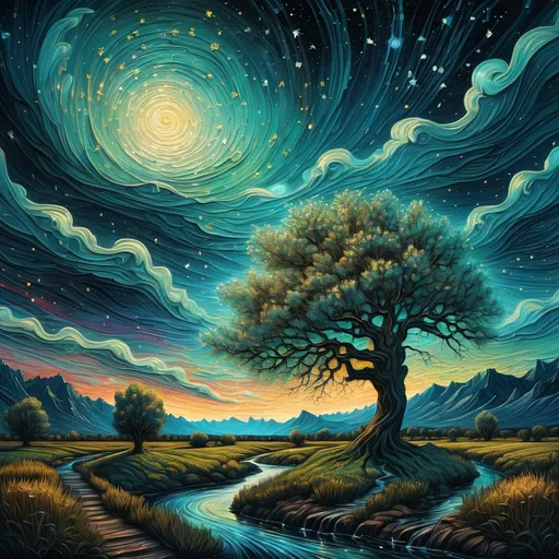 Prompt: a painting of a tree with a stream running through it and a sky filled with stars and clouds above it, Van Gogh sky, Dan Mumford, psychedelic art, intricate oil painting, a detailed painting