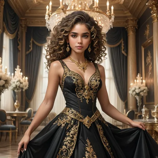 Prompt: In an opulent ballroom, a stunning young woman stands elegantly at the forefront, drawing immediate attention with her intricately designed black gown, which features luxurious gold embellishments that accentuate her figure. Her voluminous, curly hair frames her face, highlighting her delicate features and the exquisite jewelry she wears, including ornate earrings and a striking necklace. The background reveals an atmosphere of grandeur, with chandeliers casting a warm glow over the richly decorated room, complete with draping curtains and refined decor. The overall composition conveys a sense of sophistication and celebration, suggesting a festive occasion filled with elegance and charm.