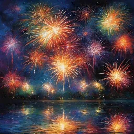 Prompt: Explosive fireworks display in the night sky, vibrant colors, bursting patterns, reflected in water, high-res, detailed, impressionist style, vivid hues, 