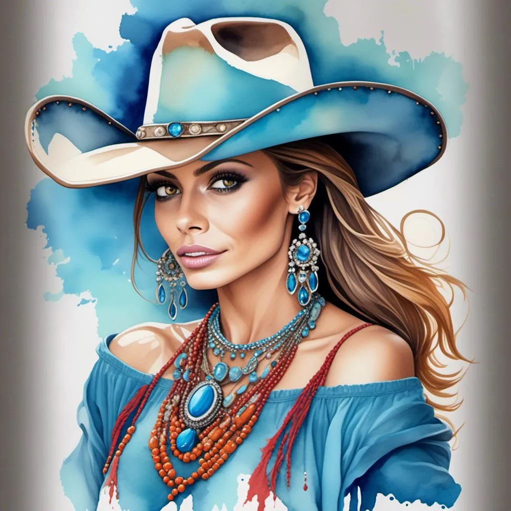 Prompt: <mymodel> a painting of a woman wearing a cowboy hat and jewelry with a blue background and a white background with a watercolor effect, Anne Stokes, figurative art, professional digital painting, a watercolor painting