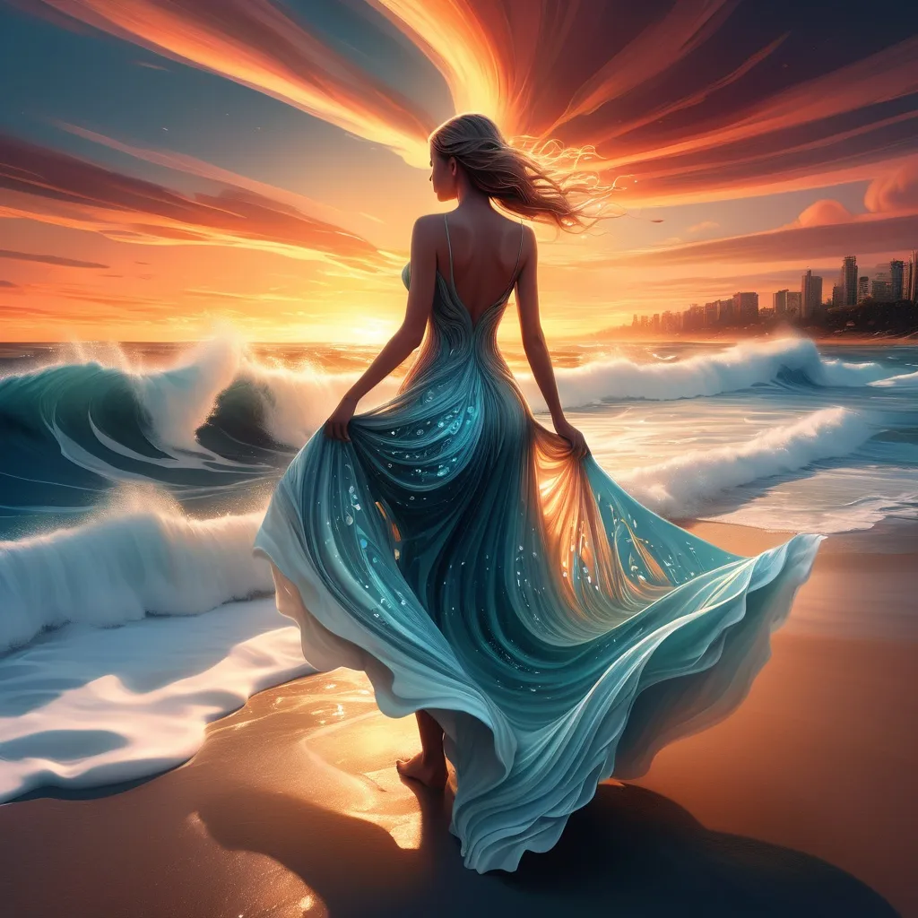 Prompt: 3D HD 8K DOUBLE exposure a woman standing on a beach next to the ocean with a magnificent sunset with a wave crashing in front of her, she has on a magnificent long dress that flows into the sea foam, bottom of dress is very full and irredecent it is made of swirling sea foam Cyril Rolando, fantasy art, highly detailed digital painting, an airbrush painting