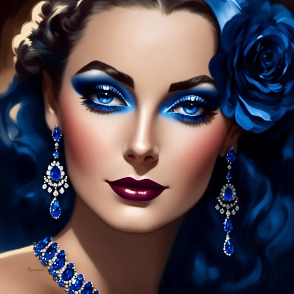 Prompt: <mymodel>Glamorously dressed lady of rhe 1930's wearing sapphire jewelry,blue eyes