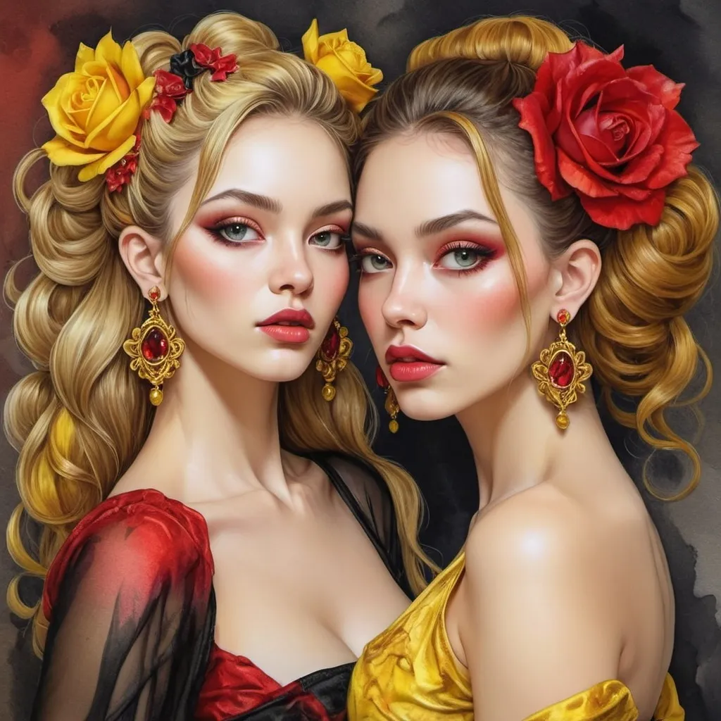 Prompt: <mymodel> beautiful woman, hair pinned up, yellow red black dress, earrings, Watercolor, trending on artstation, sharp focus, studio photo, intricate details, highly detailed, by  Josephine Wall and Jasmine Becket-Griffith