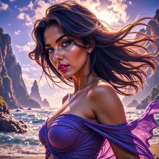 Prompt: Detailed digital painting of a powerful woman, vibrant colors, magical fantasy setting, flowing hair with intricate details, intense and confident expression, ethereal and mystical atmosphere, high quality, digital painting, fantasy, vibrant colors, flowing hair, powerful, confident, mystical, atmospheric lighting