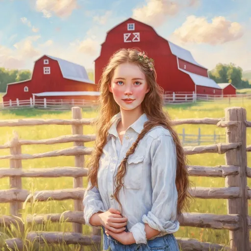 Prompt: <mymodel>a pretty farm girl in a classic farm scene with a red barn, rustic countryside setting, vibrant green pastures, traditional wooden fences, clear blue sky, high quality, oil painting, classic style, warm tones, natural lighting