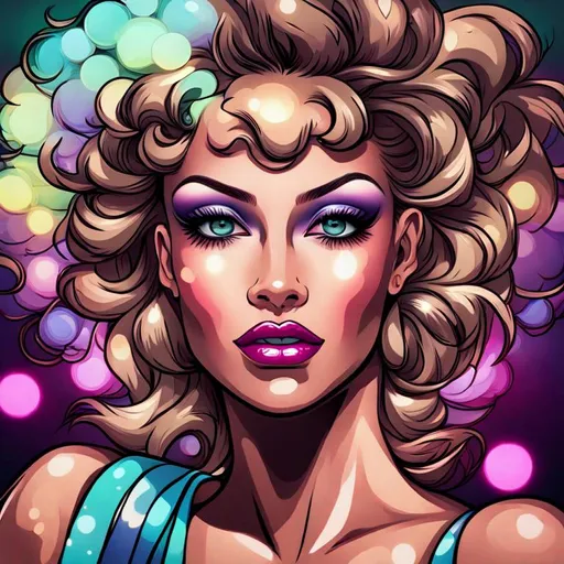 Prompt: Cartoon-style closeup of an 80s disco lady, vibrant and lively, glossy lips, bright eyeshadow, exaggerated lashes, retro hairstyle, disco ball reflection in eyes, neon colors, vibrant disco atmosphere, high quality, cartoon, 80s, disco, lively colors, retro, exaggerated features, glossy lips, bright eyeshadow, retro hairstyle, disco ball reflection, neon colors, vibrant atmosphere