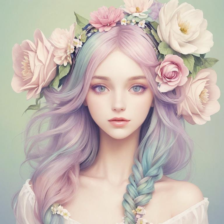 Prompt: Beautiful creation, woman with flowers in her hair, pastel colors