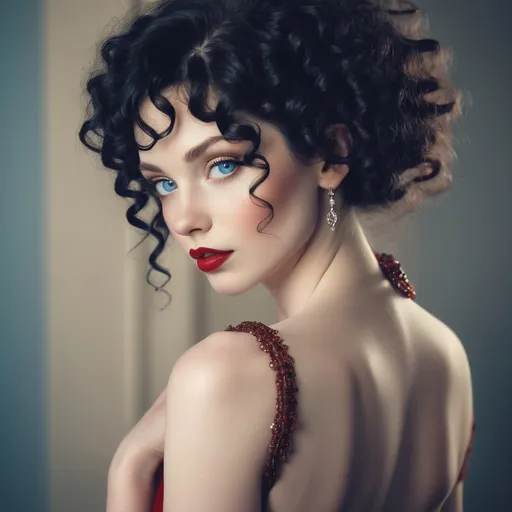 Prompt: An elegant and beautiful woman.  curly black hair, pale skin and blue eyes, red lips