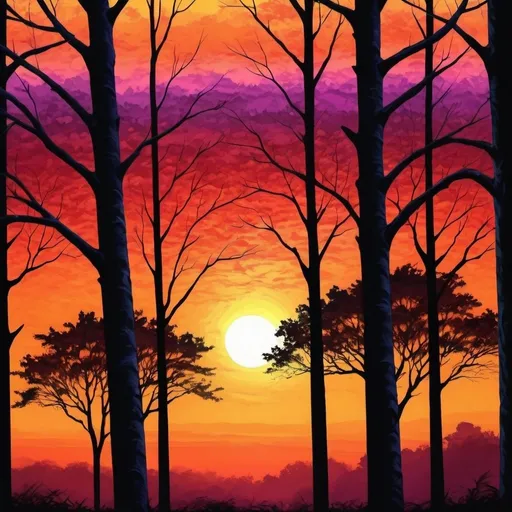 Prompt: A colorful sunset peeking between trees, vibrant colors, high quality, digital painting, detailed tree silhouettes, warm and intense glow, nature, landscape, scenic, sunset, vibrant colors, high contrast, digital art, detailed, atmospheric lighting