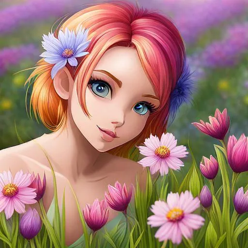 Prompt: a fairy of spring, ,wildflowers, vivid colors, closeup